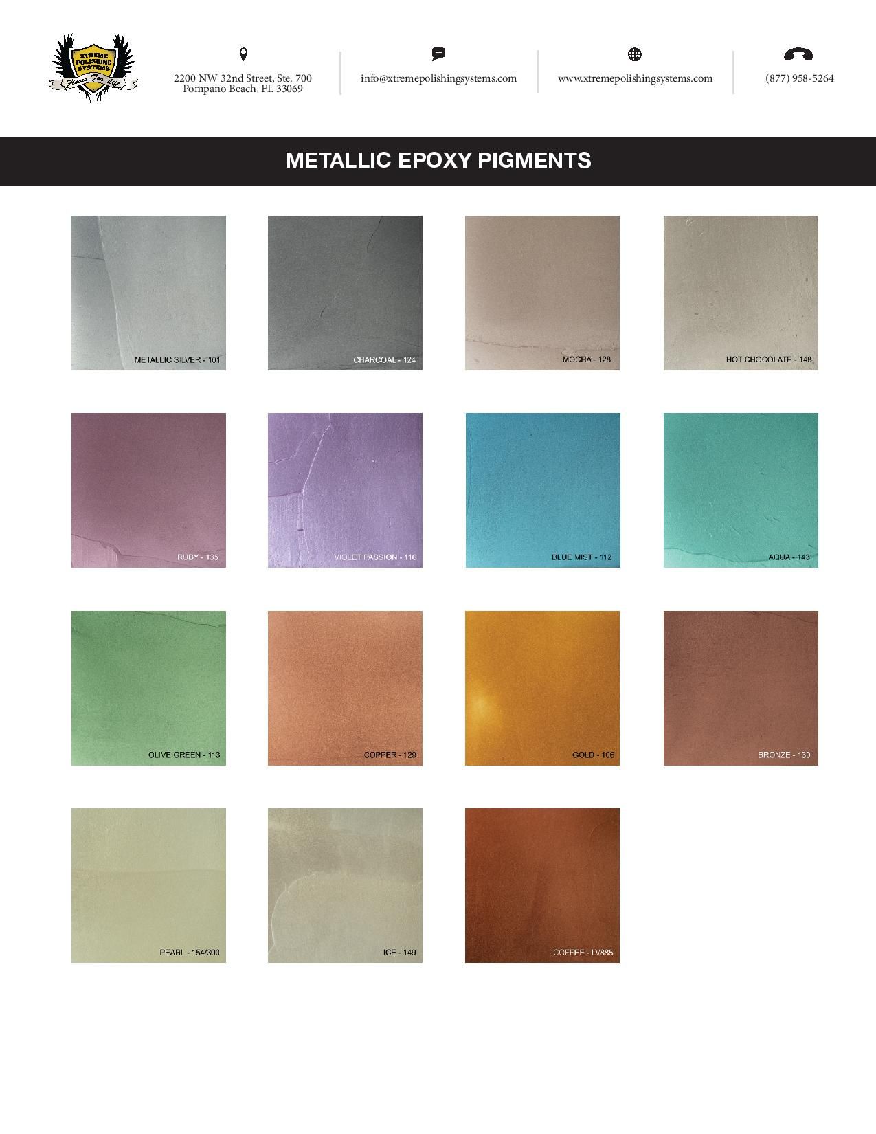 Epoxy pigment color chart with 12 pastel and metallic sample swatches