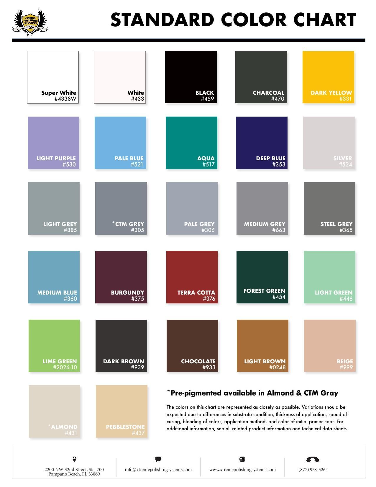 Standard color chart with labeled paint swatches in rows of various colors