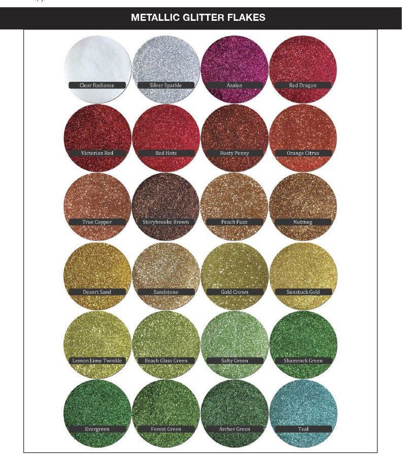 Metallic glitter flakes color chart with 25 circular swatches in silver, red, gold, green, and blue.