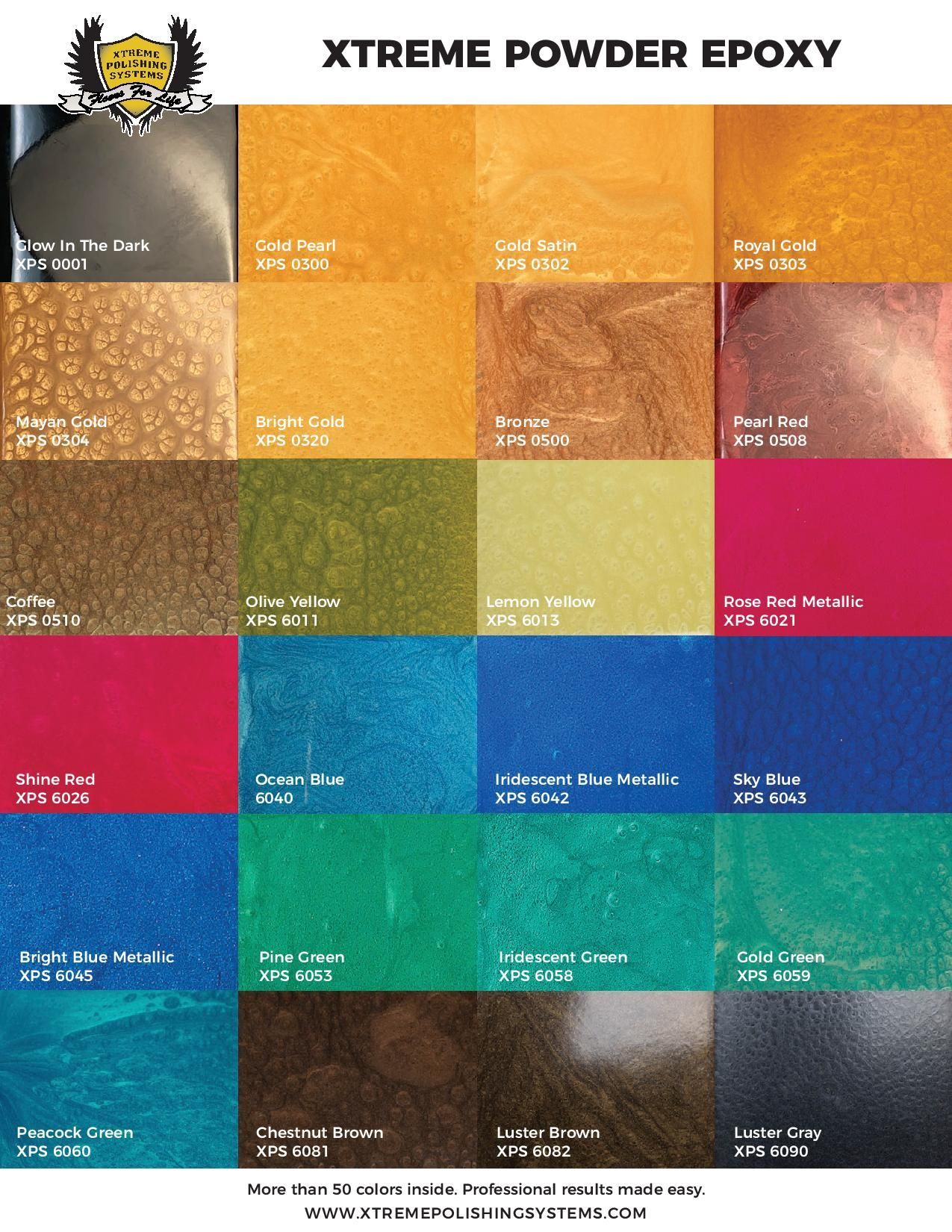 XTREME POWER EPOXY color chart with multiple metallic finish sample squares