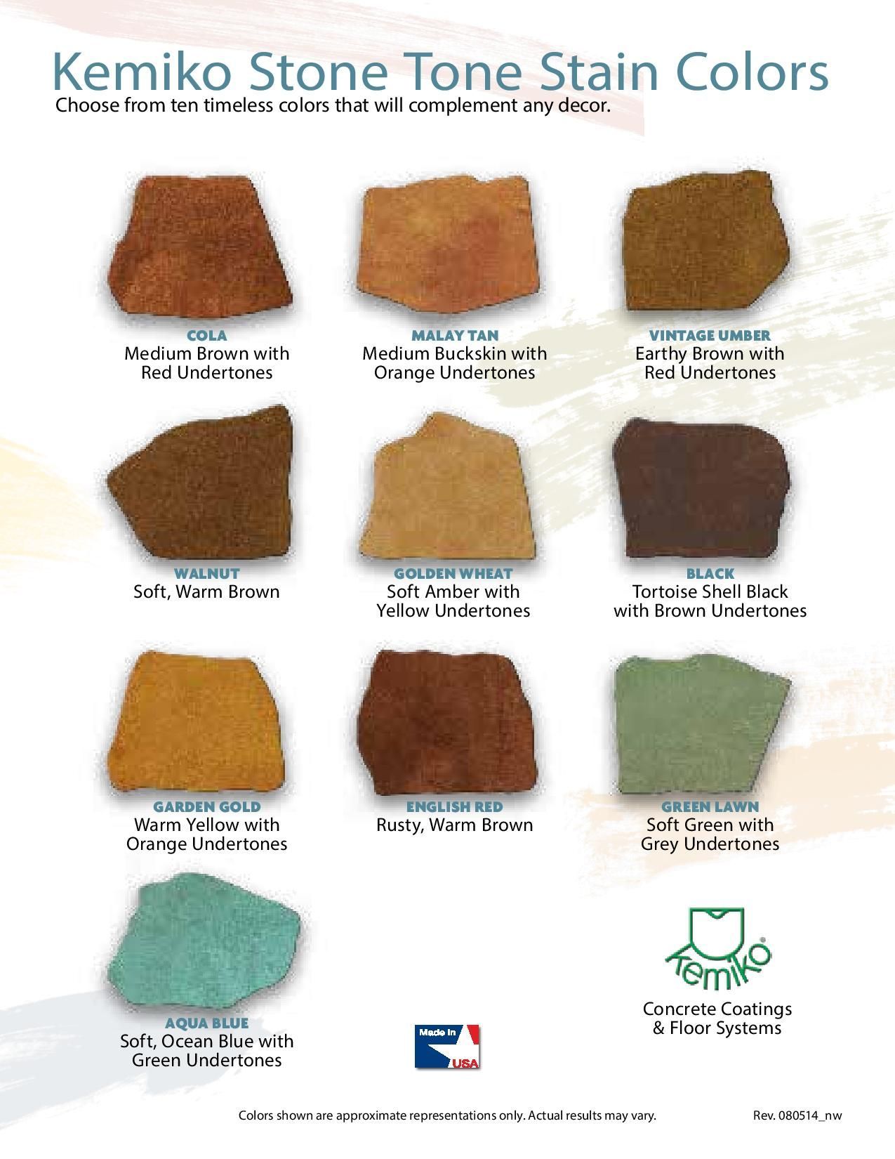 Kemiko Stone Tone Stain Colors chart showing nine sample stain swatches with labels