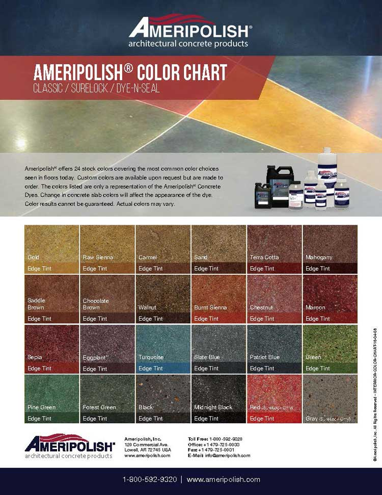 Ameripolish color chart showing assorted concrete stain colors in a grid with sample bottles and logo