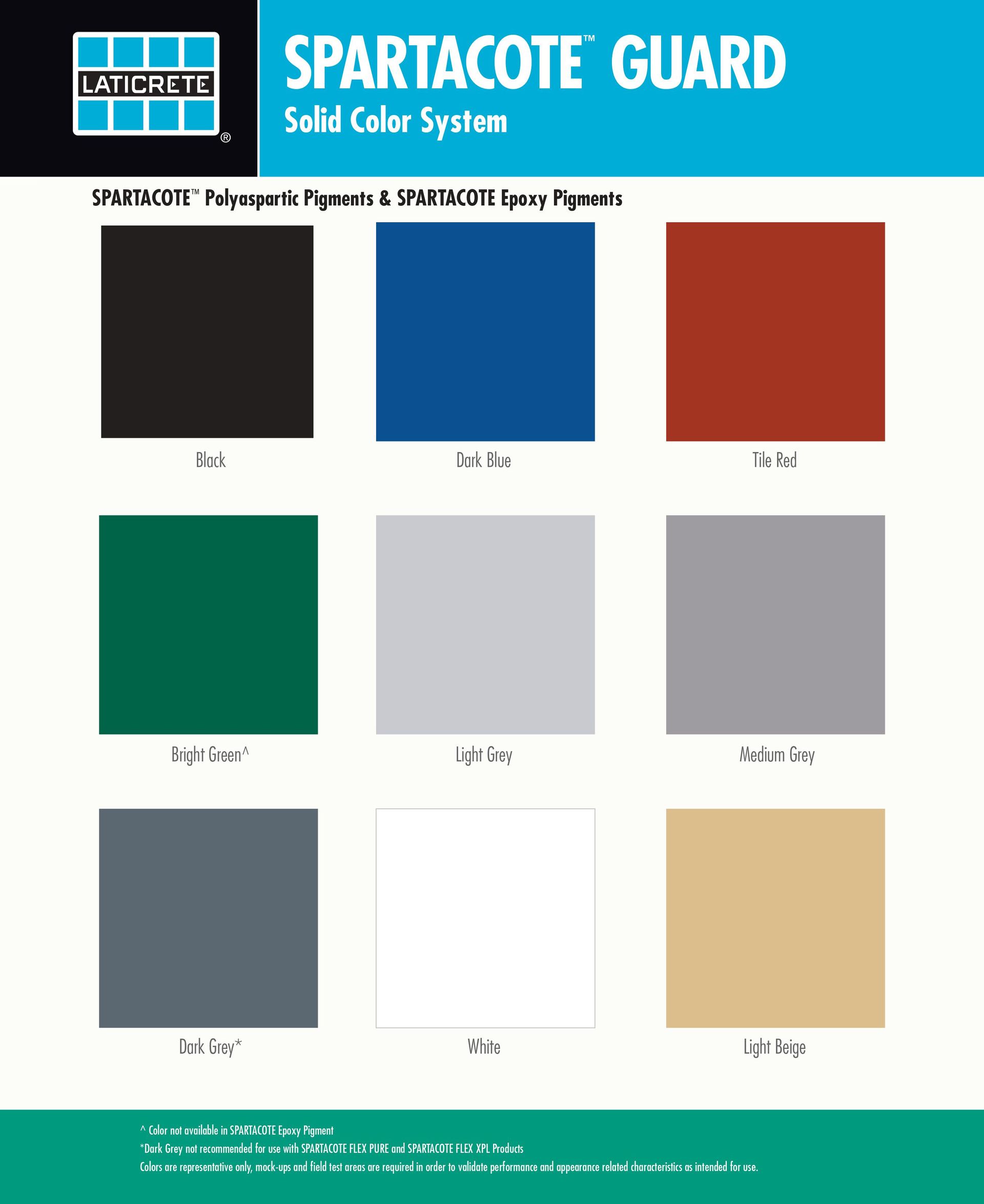 Spartacote Guard color chart with nine square swatches in black, blue, red, green, gray, white, and tan shades