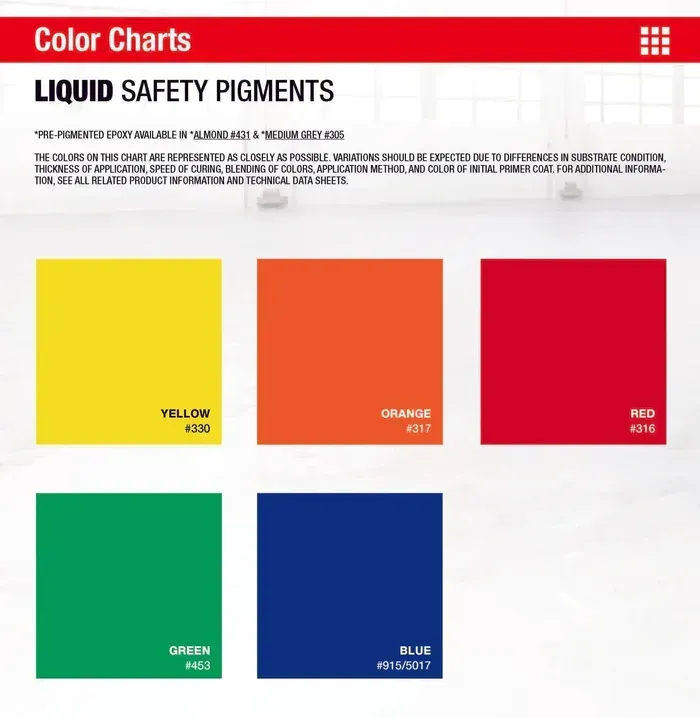 Color charts for liquid safety pigments: yellow, orange, red, green, and blue swatches on a white background