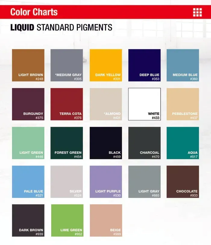 Color chart of liquid standard pigments with multiple labeled color swatches on a white background