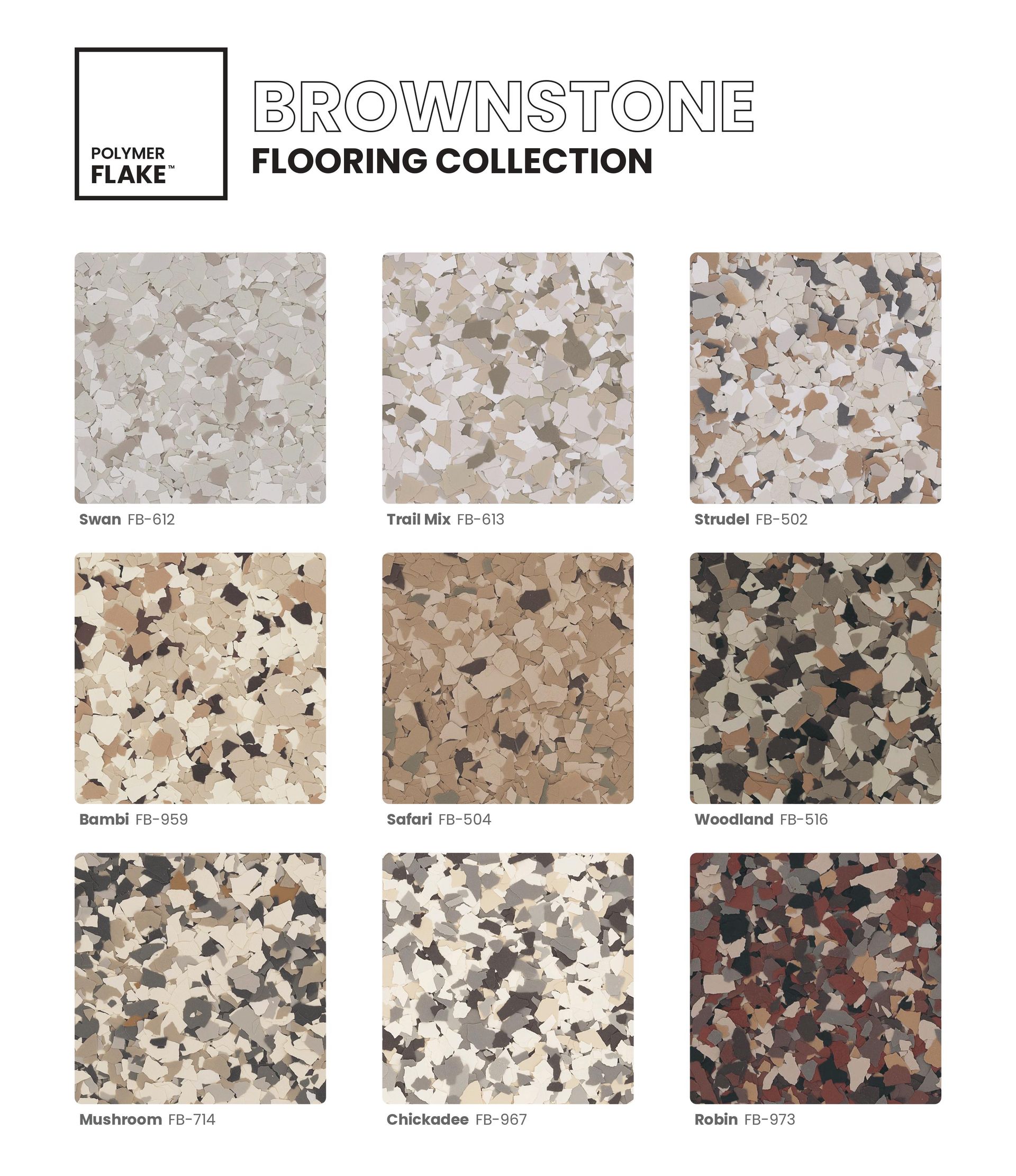 Promestone flooring collection brochure showing nine speckled tile color samples