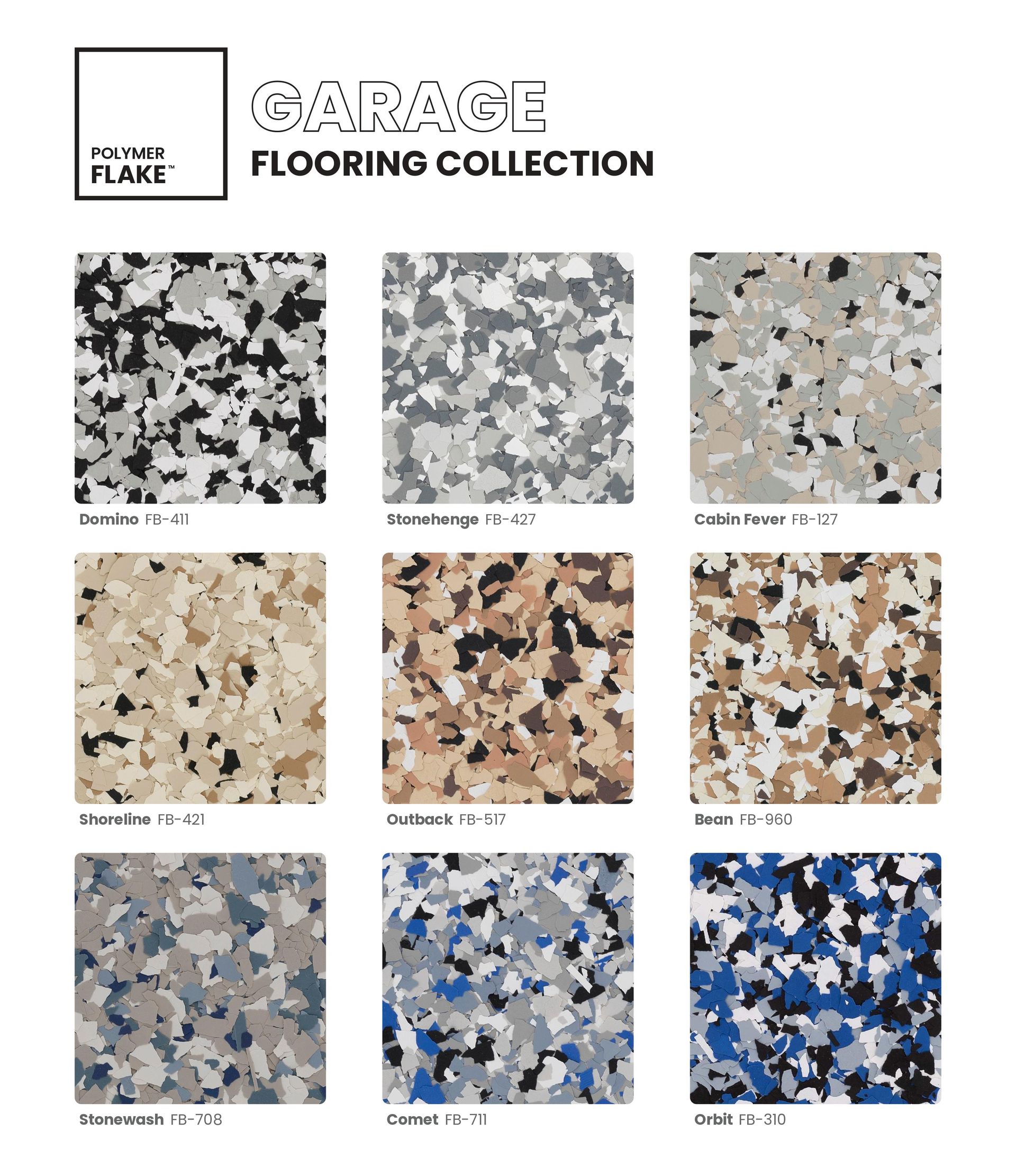 Garage flooring collection with nine speckled epoxy color samples in gray, tan, blue, and black hues