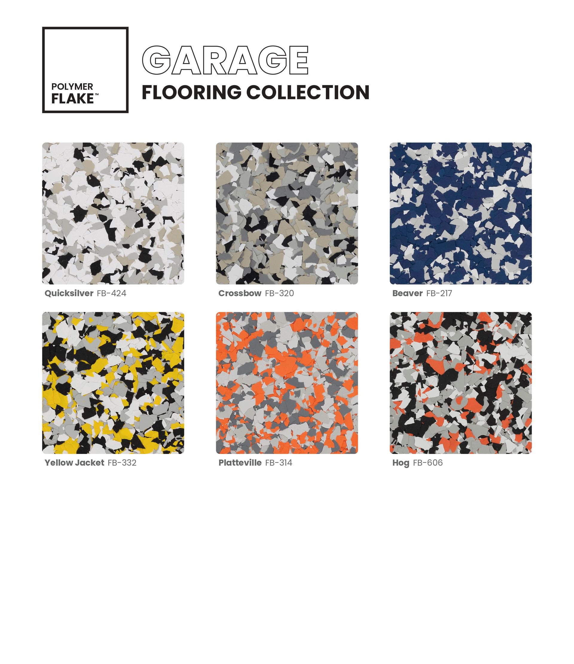 Garage Flooring Collection brochure with six colorful speckled tile samples in gray, blue, yellow, orange, and red accents