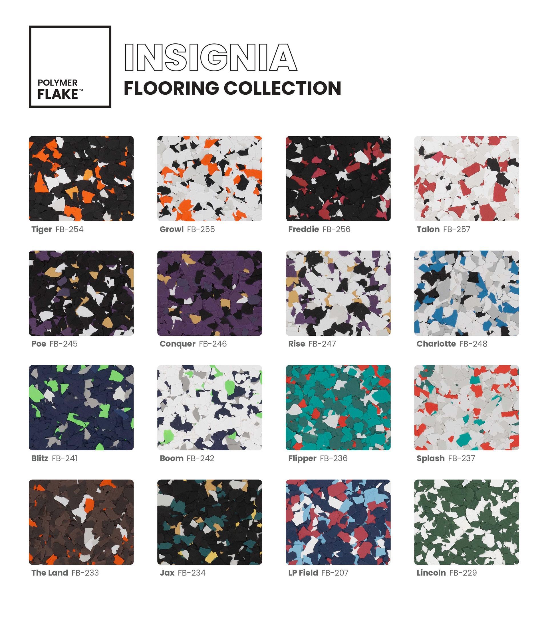 Flooring collection sample sheet with 12 carpet tiles in black, orange, pink, purple, blue, green, teal, and red patterns