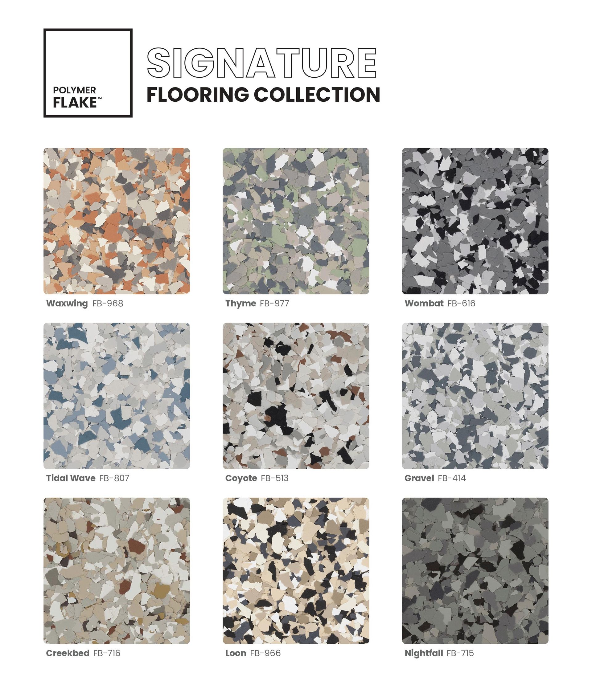 Sample flooring collection sheet with nine terrazzo-style color swatches and a logo at top left
