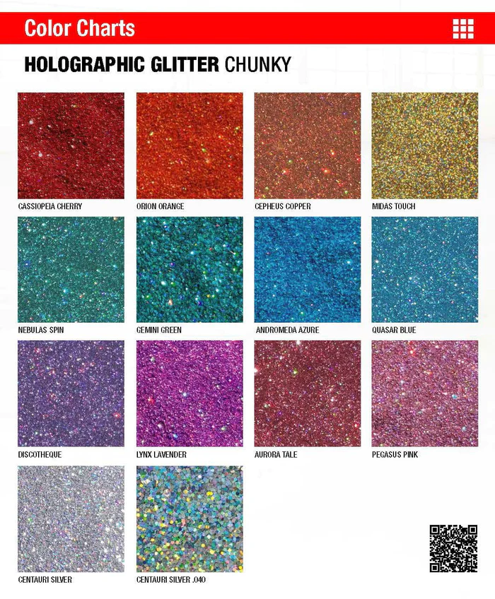 Color charts of holographic glitter chunky swatches in red, gold, teal, blue, purple, and pink