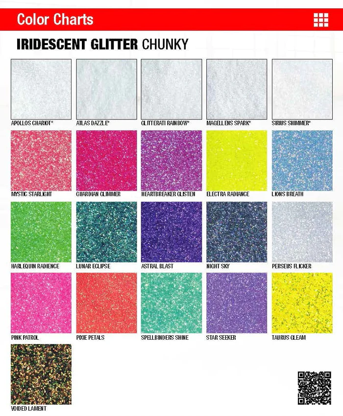 Iridescent glitter chunky color chart with multiple glitter swatches in assorted colors