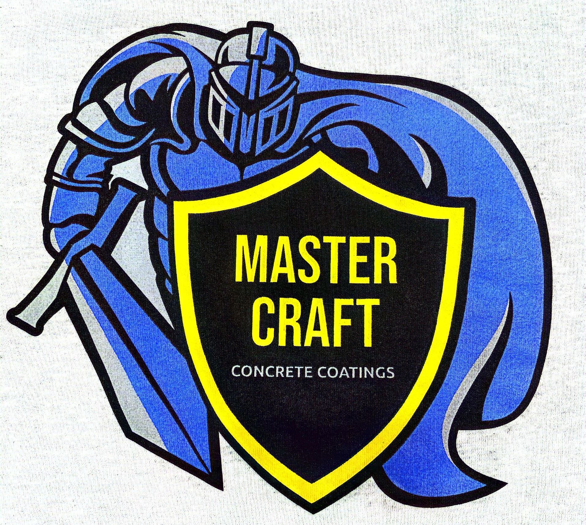 Blue armored knight logo with yellow shield reading “MASTER CRAFT” and “CONCRETE COATINGS”