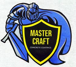 Blue armored knight logo with yellow shield reading “MASTER CRAFT” and “CONCRETE COATINGS”