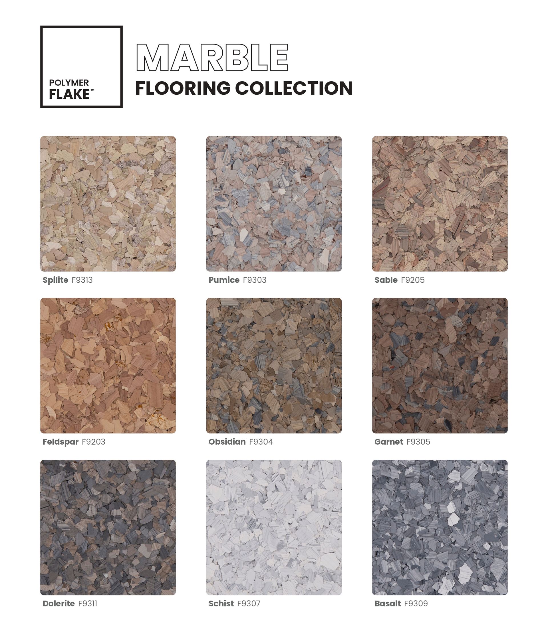 Marble flooring collection sample board with nine square stone tile patterns in earthy and gray tones