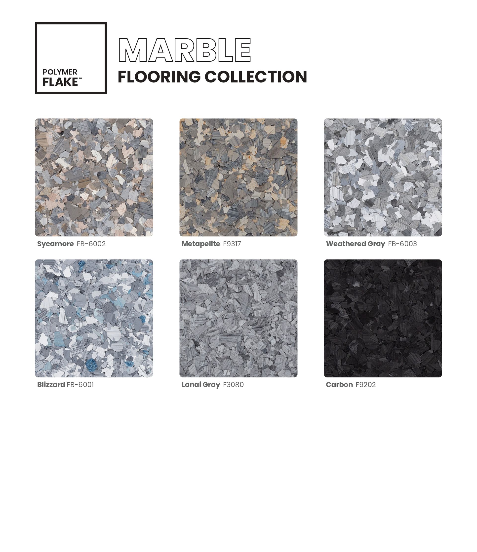 Marble flooring collection swatches in gray, beige, blue, and black tones on a white background