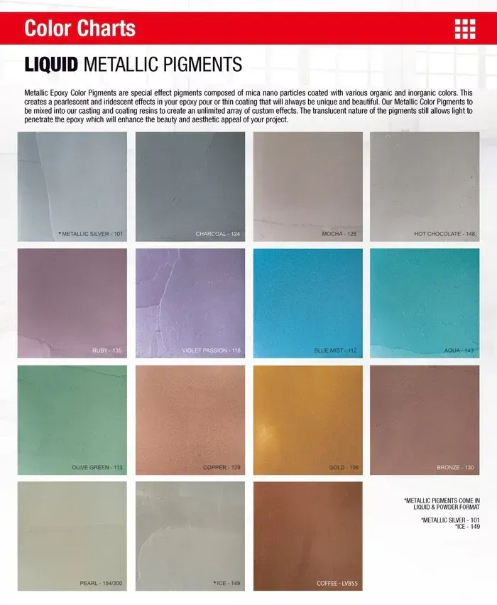 Metallic pigment color chart with 12 pastel and earth-tone swatches on a white background