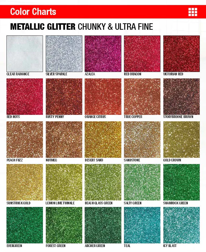 Chart of metallic glitter colors in swatches, labeled “Chunky & Ultra Fine”