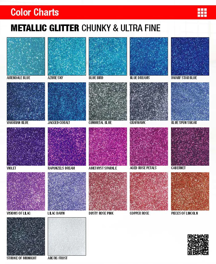 Chart of metallic glitter colors in blue, purple, pink, and silver swatches with labels