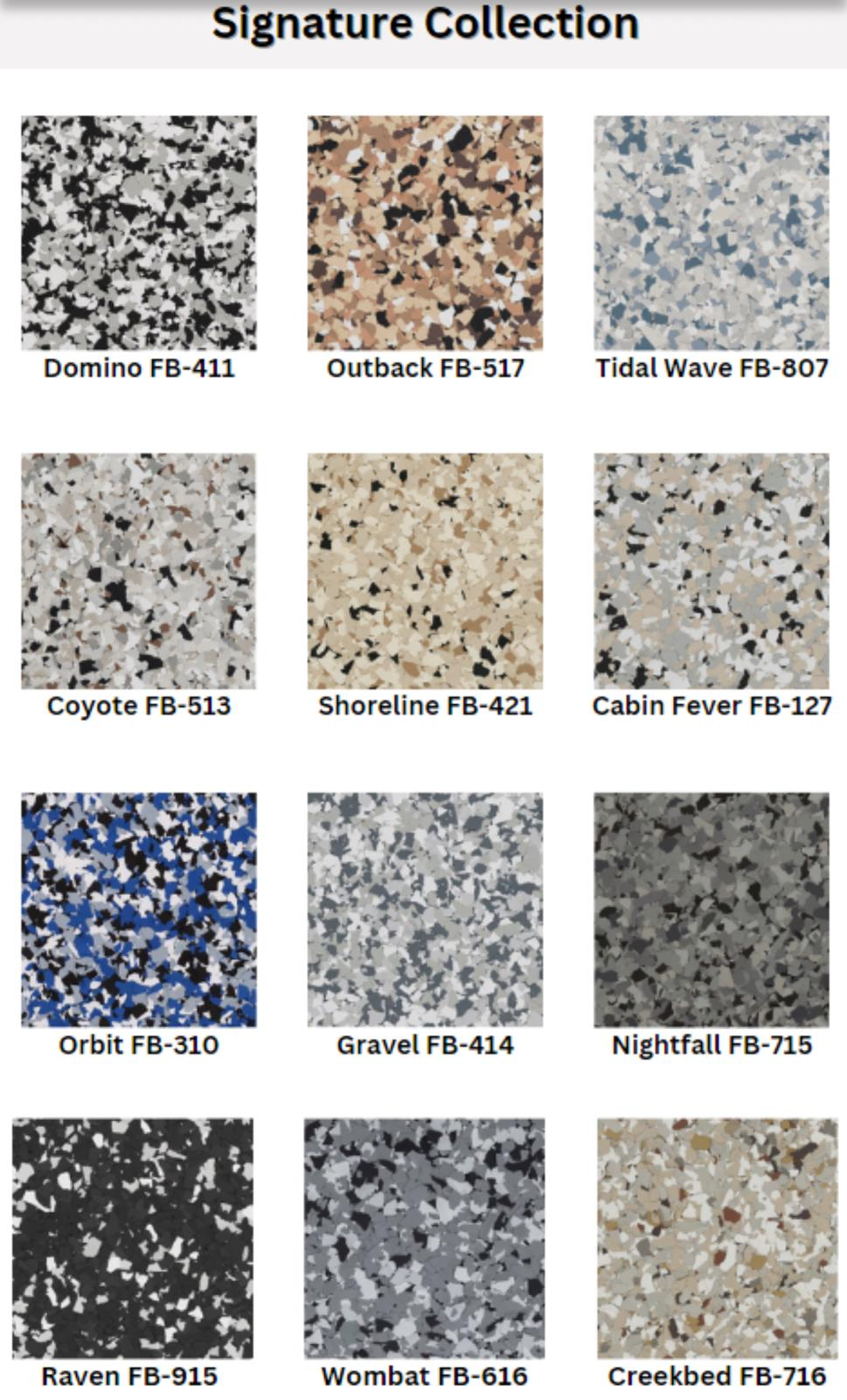 Signature collection of 12 carpet swatches in gray, beige, blue, and black patterns