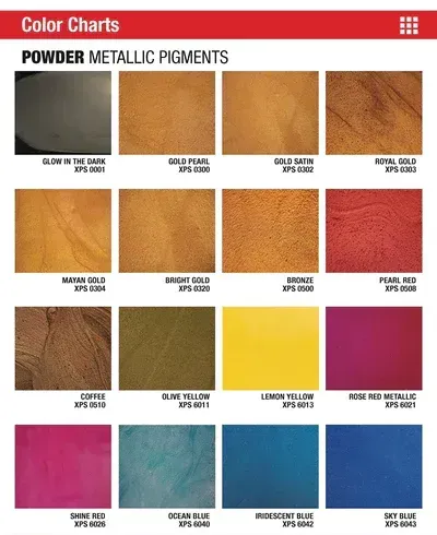 Color chart of metallic pigments with multiple gold, copper, red, green, and blue swatches.