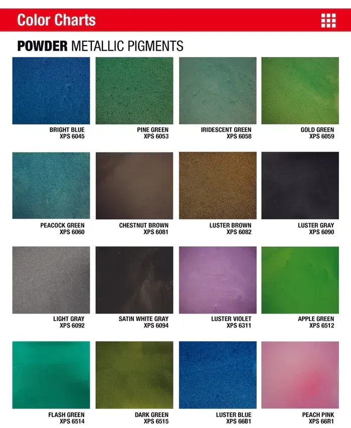 Color chart of powder metallic pigments in blue, green, gold, silver, bronze, and pink swatches.