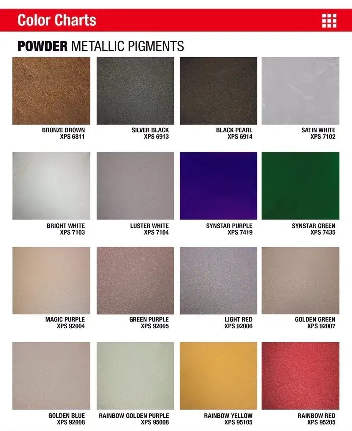 Chart of powder metallic pigment swatches in bronze, silver, gold, green, purple, pink, and black shades
