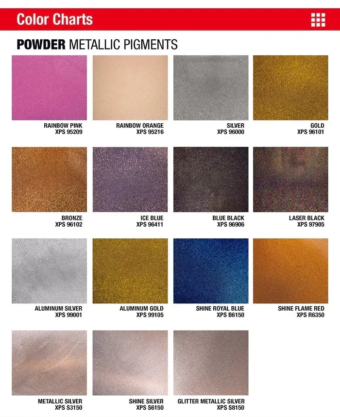 Color chart of powder metallic pigments with various pink, gold, blue, purple, and silver swatches.