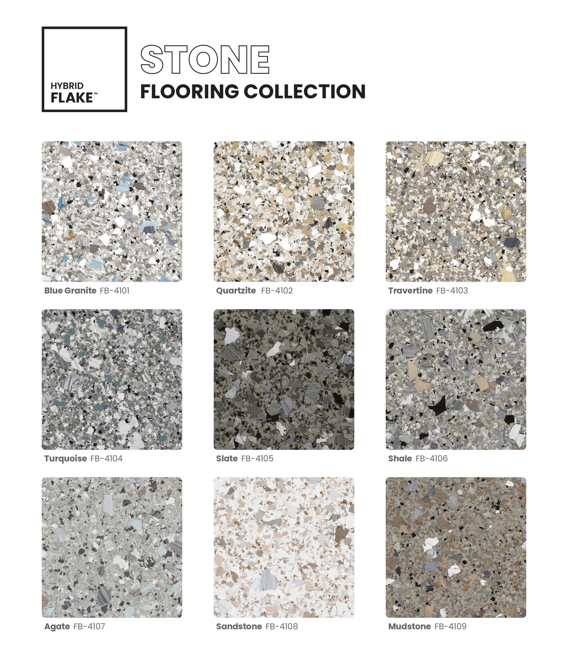 Stone Flooring Collection brochure showing nine speckled tile samples in gray, beige, and brown tones