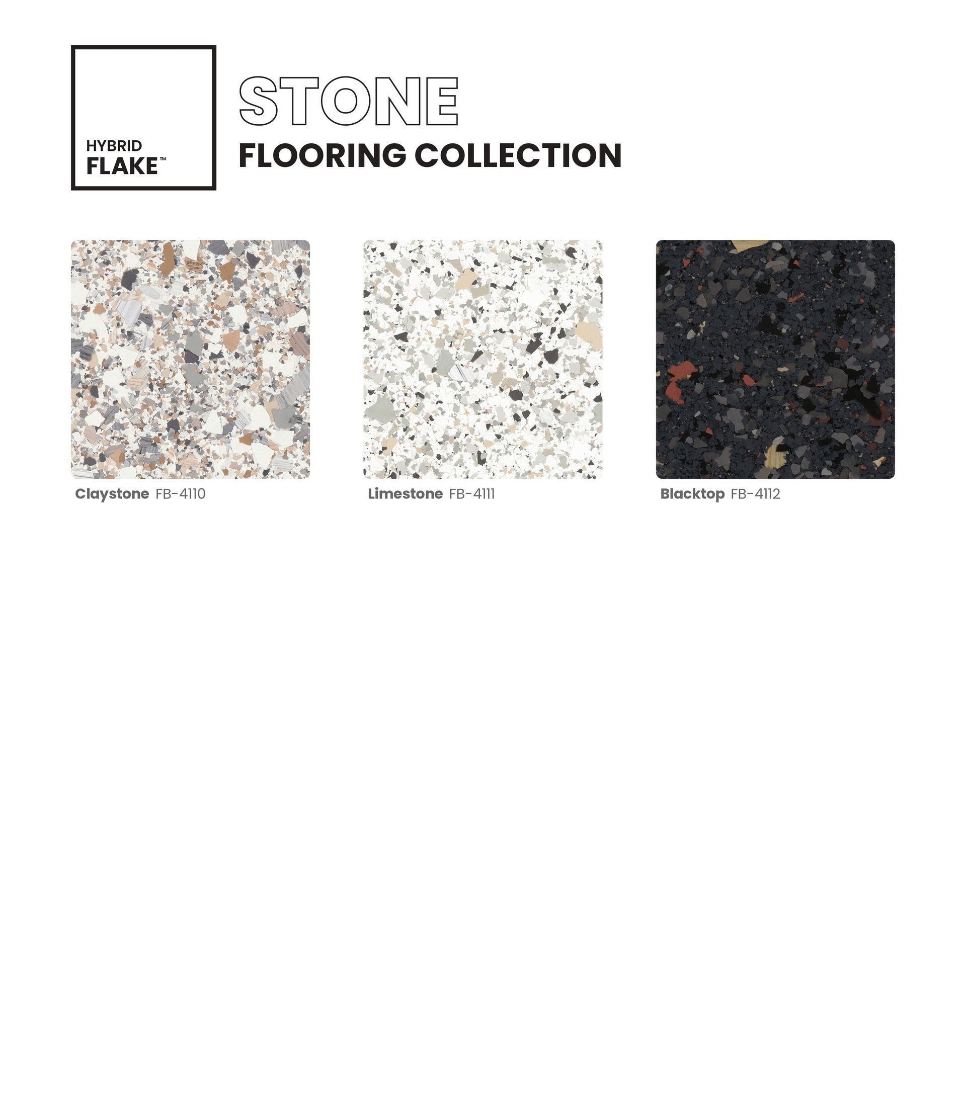 Stone flooring collection brochure with three speckled tile samples in light and dark colors