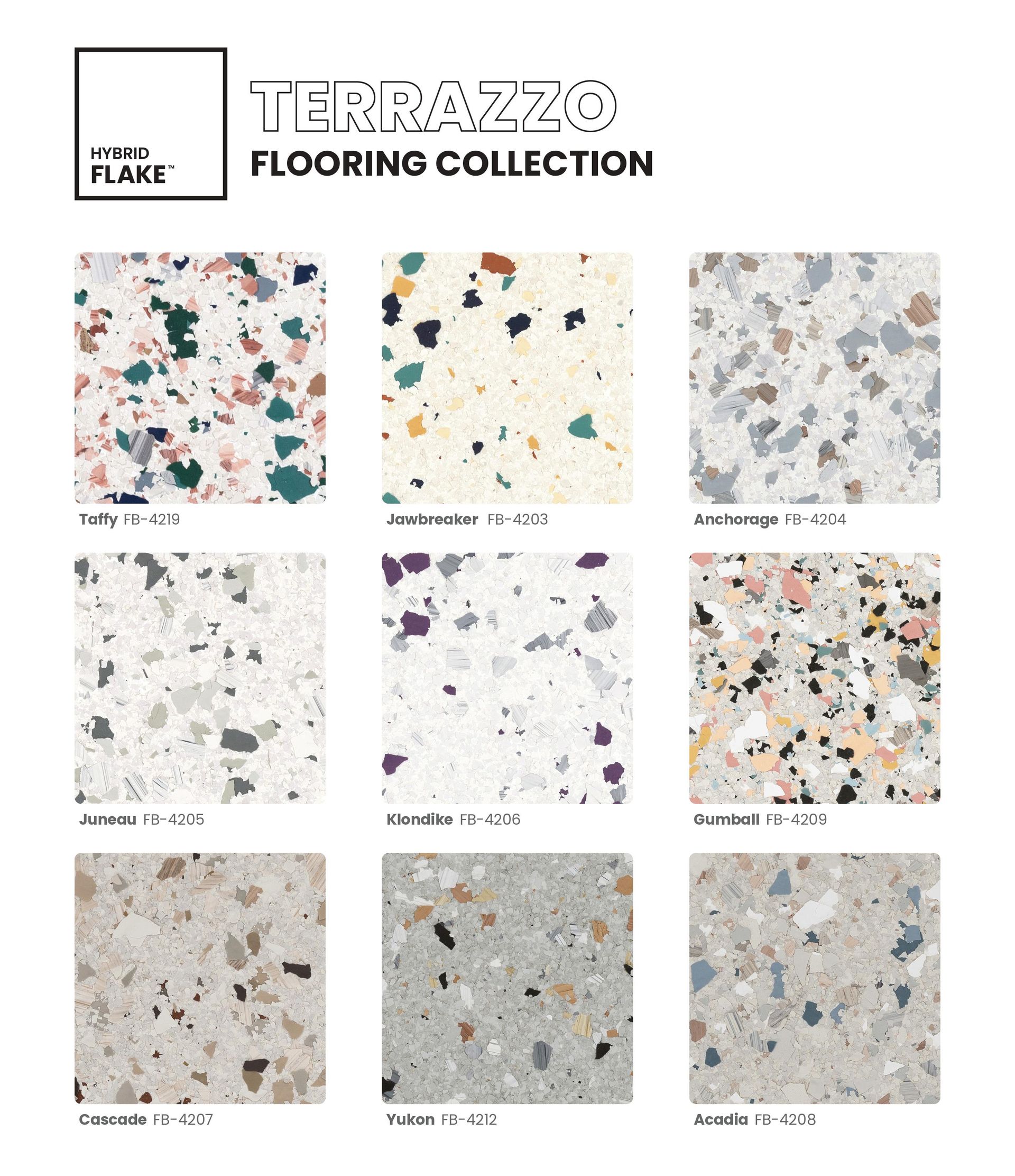 Terrazzo flooring collection swatches in nine speckled color variations, with logo at top