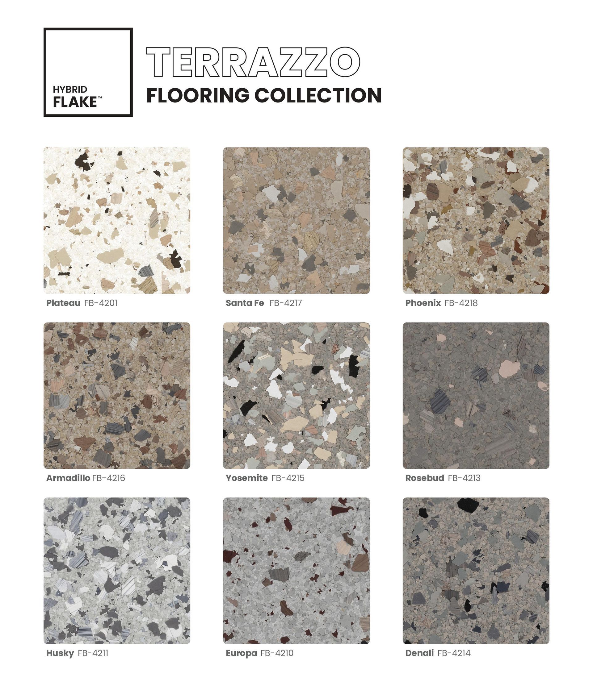 Terrazzo flooring collection sample sheet with nine assorted stone-color tile swatches
