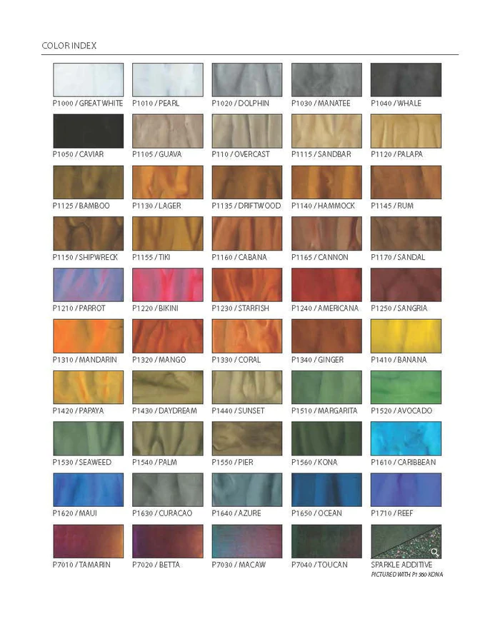 Color chart grid of labeled paint or finish swatches in neutrals, browns, reds, oranges, blues, and greens.