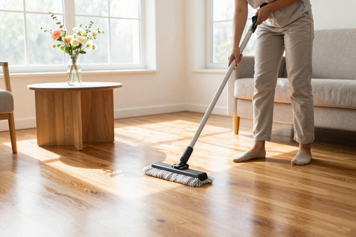 Hand mopping a sunlit hardwood floor