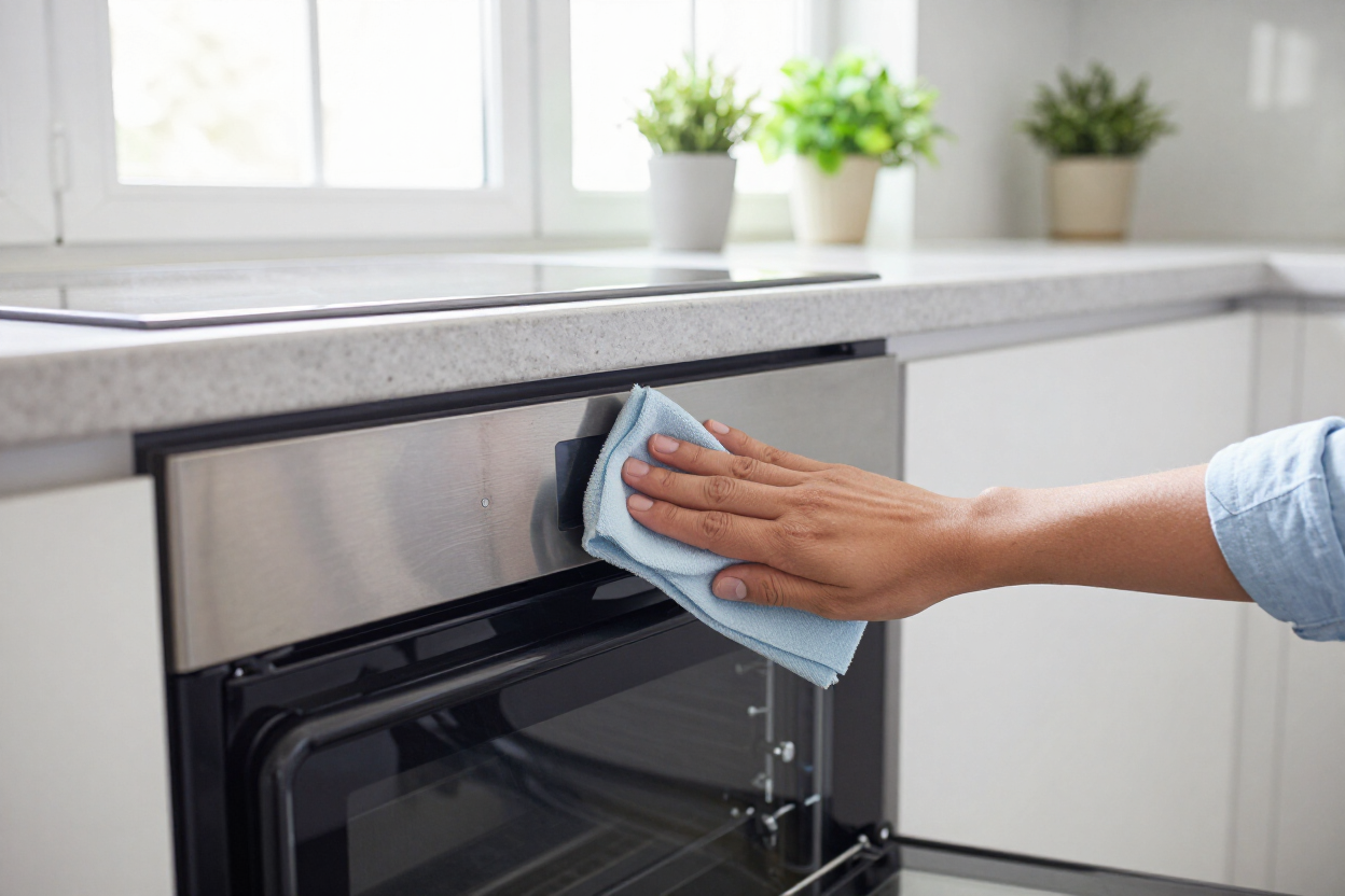 Cleaning the inside of an oven in a bright kitchen