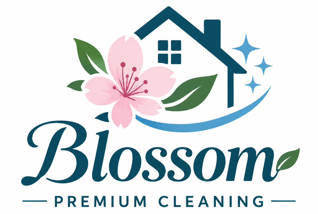 Blossom Premium Cleaning logo with pink flower, teal house, and leaves