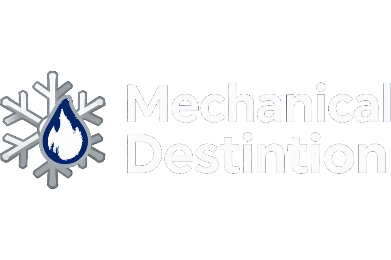 Mechanical Destinations logo with a gray snowflake and blue flame icon on a white background