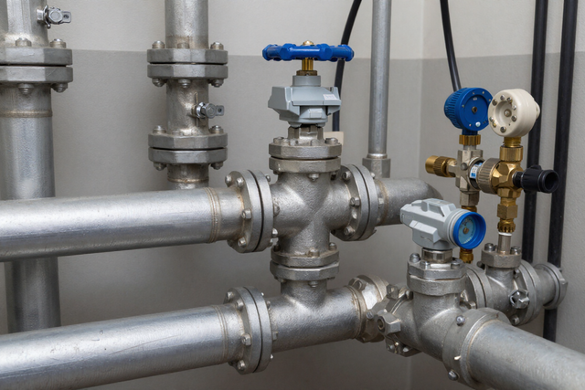 Industrial pipes with blue-handled valves and gauges in a utility room