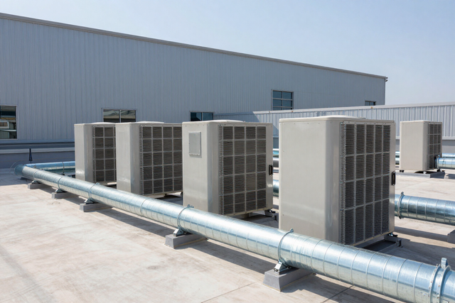 Rooftop HVAC units and silver ductwork beside a large industrial building