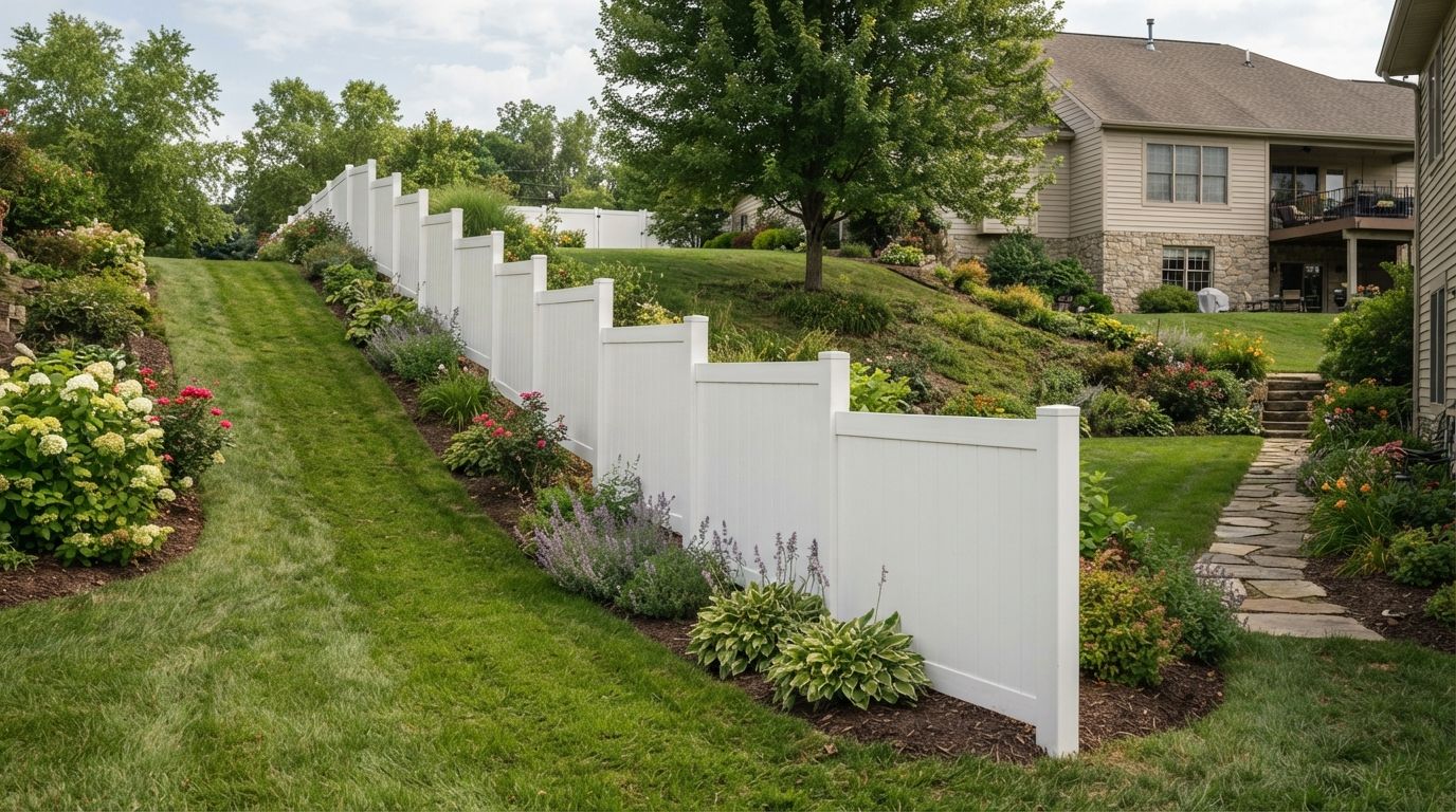 A white vinyl privacy fence installed in a stepped design along a grassy, sloped hill in a suburban