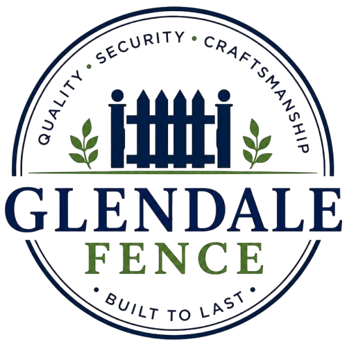 Glendale Fence Logo with Circular Badge Emblem, Fence Graphic, Leaf Accents, Quality Security Craftsmanship Text
