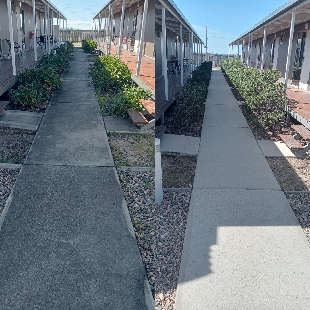 Comparison of a concrete walkway before (left) and after (right) pressure washing; buildings and shrubs are visible.