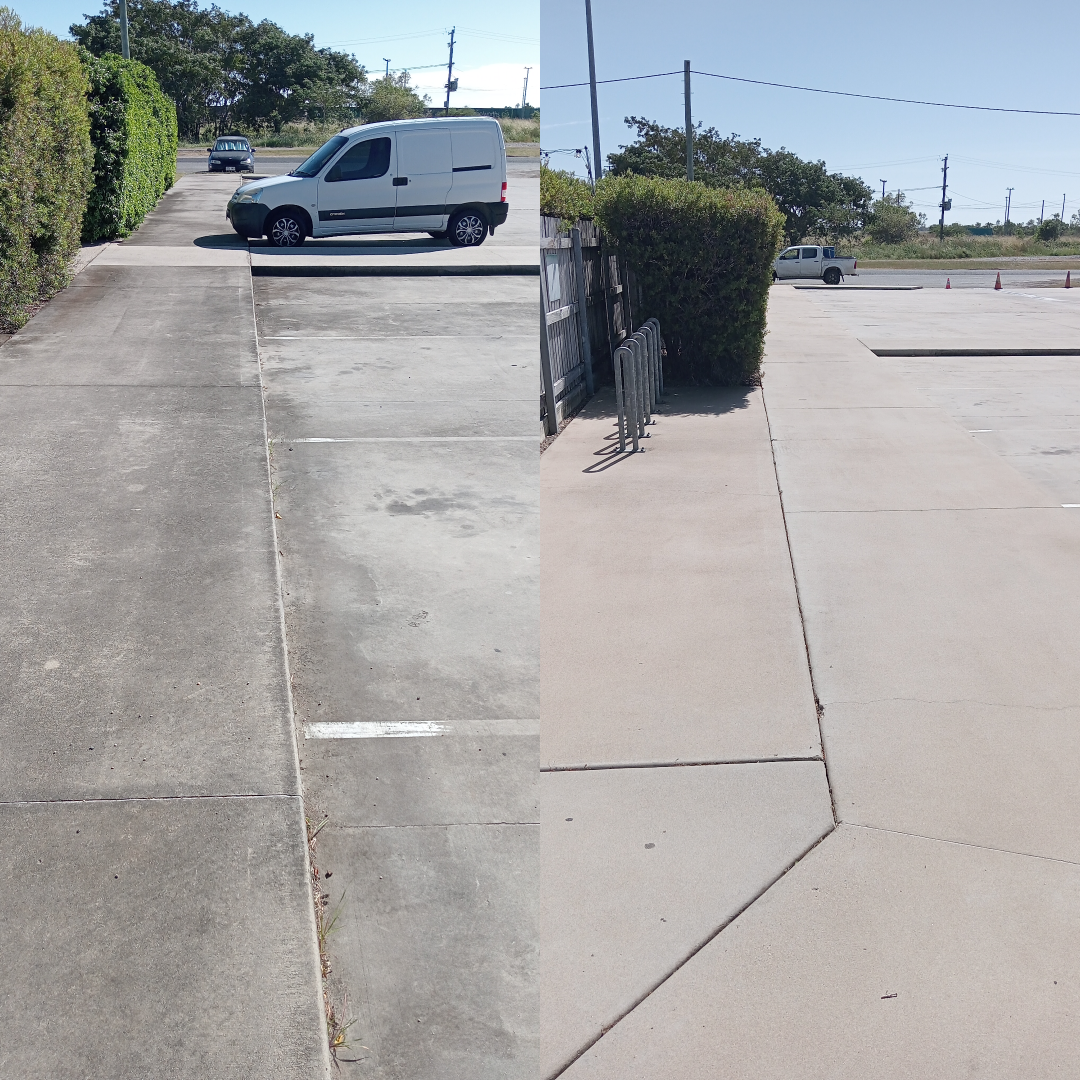 Two side-by-side photos of a concrete surface. One shows a dark, dirty surface; the other, a clean one. A white van is visible.
