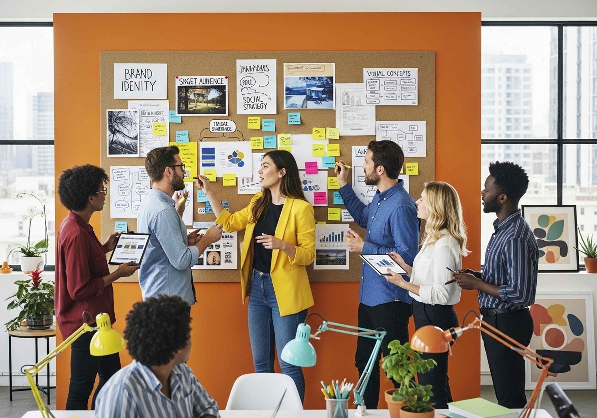 Colleagues discussing project ideas around a bulletin board in a bright office meeting room