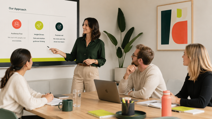 Business meeting with a presenter at a whiteboard labeled “LEADER,” surrounded by team members.