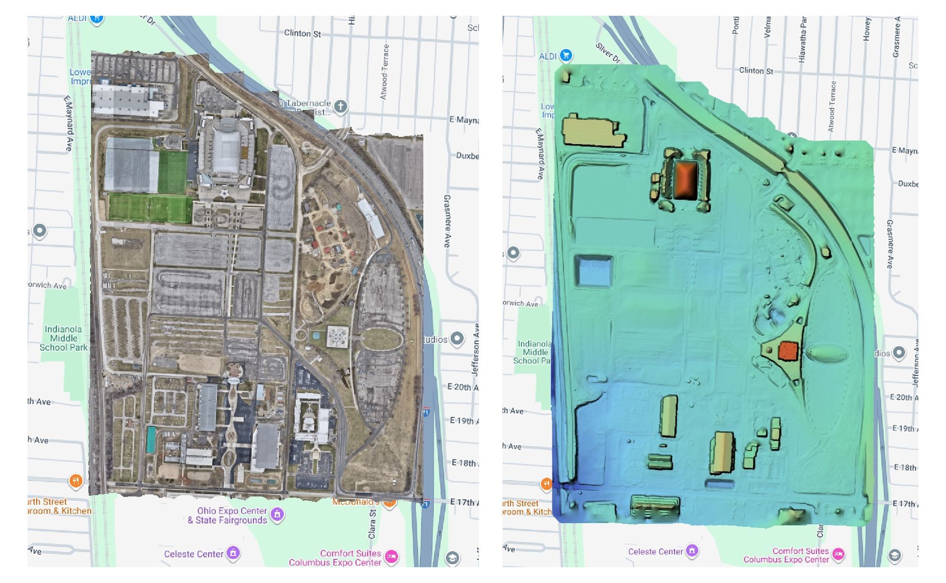 Drone orthomosaic and elevation model of the Ohio Expo Center and State Fairgrounds in Columbus, sid