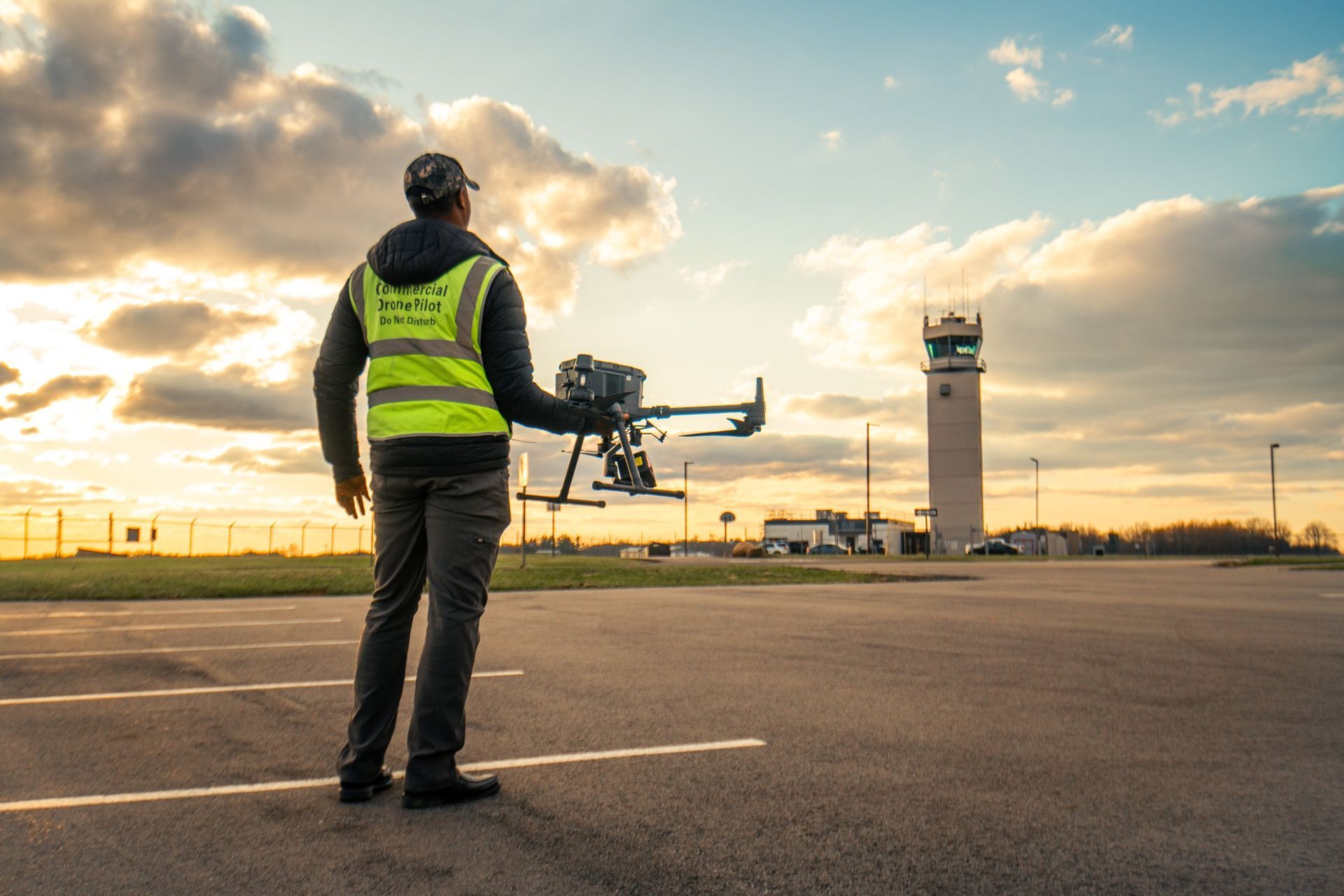 ARO Aerial FAA-licensed pilot with a DJI drone at sunset on an airfield