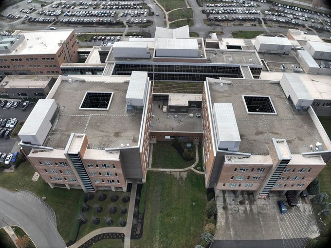 Oblique aerial of a central Ohio medical campus captured by ARO Aerial for photogrammetry mapping