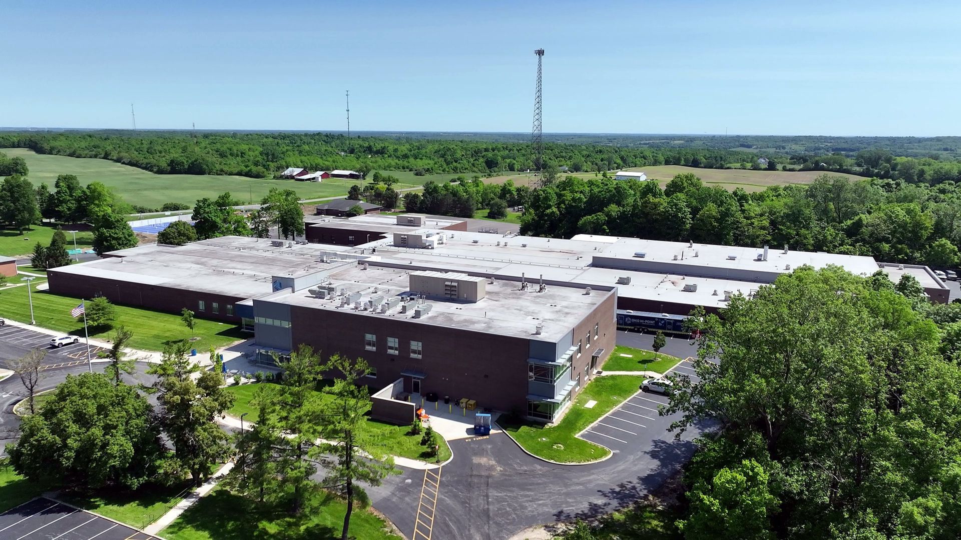 Aerial photo of a school campus in Bellefontaine, Ohio, captured by ARO Aerial for site documentation