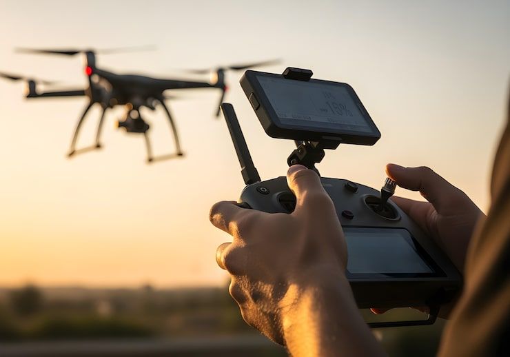 Person flying a drone with a remote controller at sunset